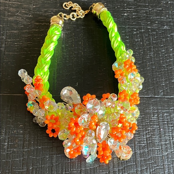 Luminous Green and Orange Floral Necklace - Picture 1 of 4